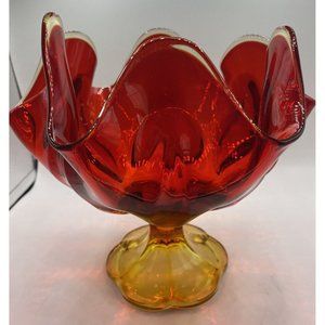 Amberina Glass Ruffle Edge Compote Bowl Candy Dish Vintage 7.5 X 8 In